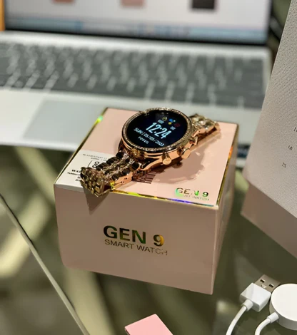 Gen 9 Smart Watch with metal strap placed on box
