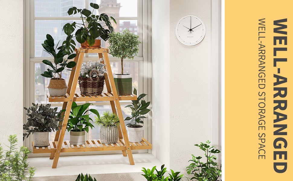 “Wooden 3-tier plant stand indoor ladder shelf with multiple potted plants near window”