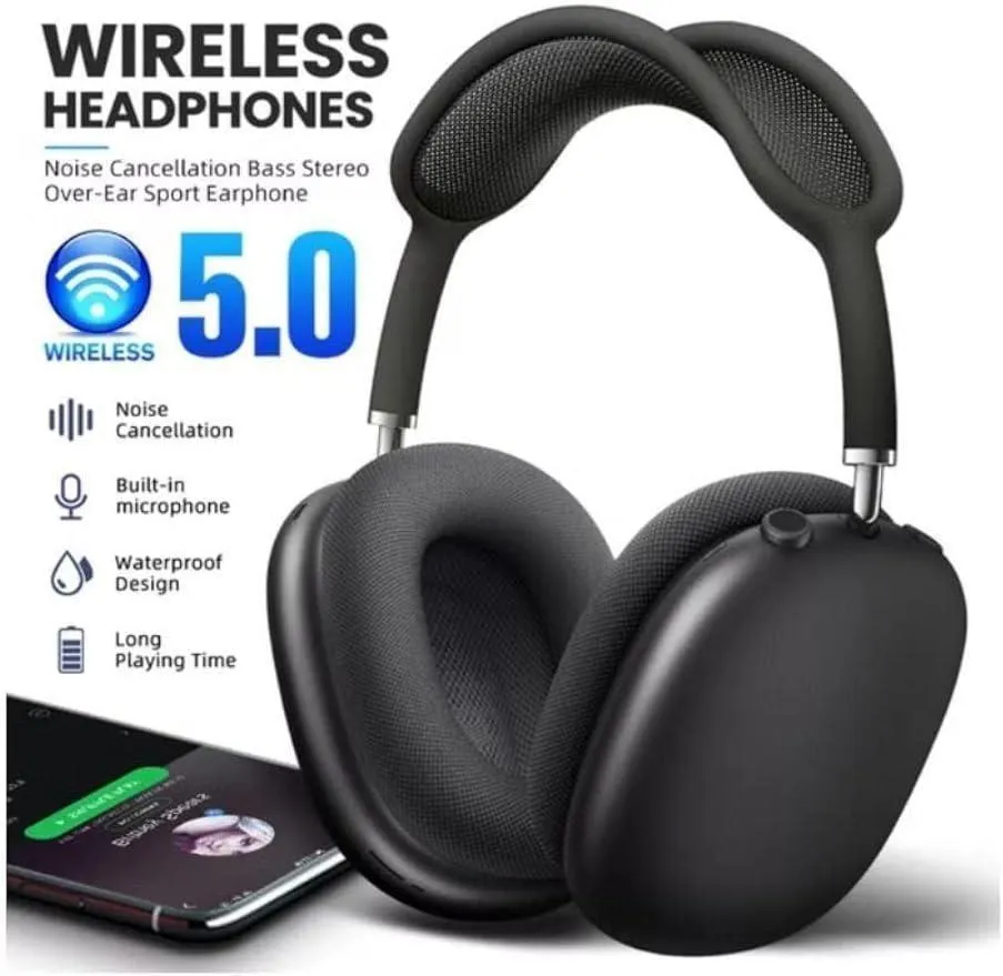 Wireless over-ear headphones with noise cancellation Bluetooth 5.0 headphones with deep bass and mic Black premium wireless headphones with long battery life Over-ear waterproof headphones for music and calls Stylish wireless headphones with high quality sound