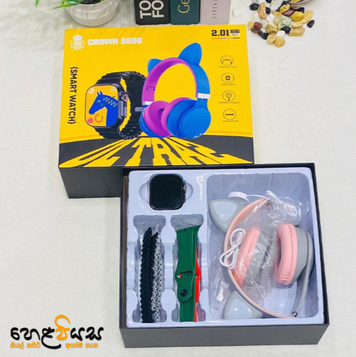 Crown S900 smart watch combo with multiple straps and pink cat ear wireless headphones in box packaging