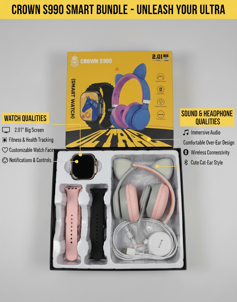 Crown S900 Ultra2 7 in 1 Strap Smart Watch | Cat Headphone